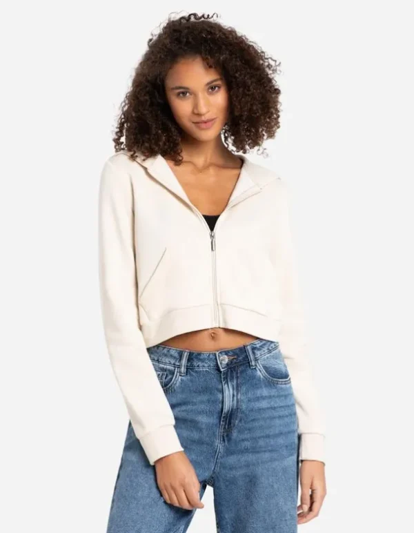 Cropped Sweatjacke - Kapuze mit Tunnelzug - beige