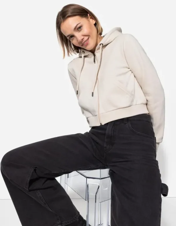 Cropped Sweatjacke - Kapuze mit Tunnelzug - beige