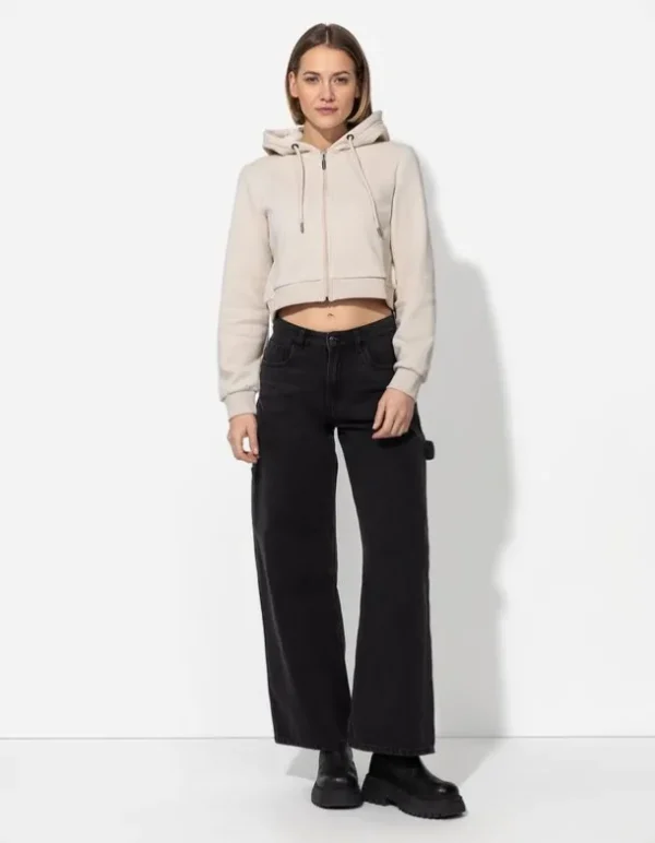 Cropped Sweatjacke - Kapuze mit Tunnelzug - beige