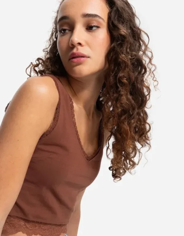Cropped Top - Spitzenbesatz - hellbraun