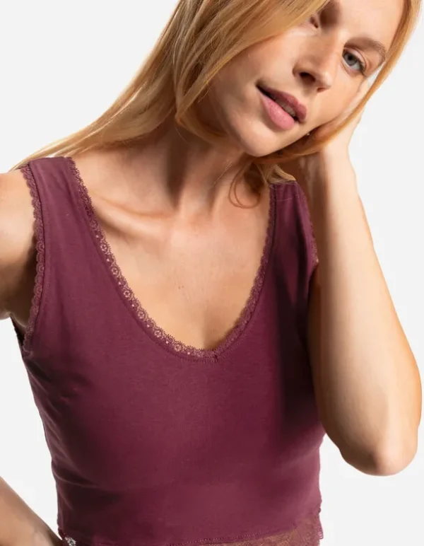 Cropped Top - Spitzenbesatz - dunkelrot