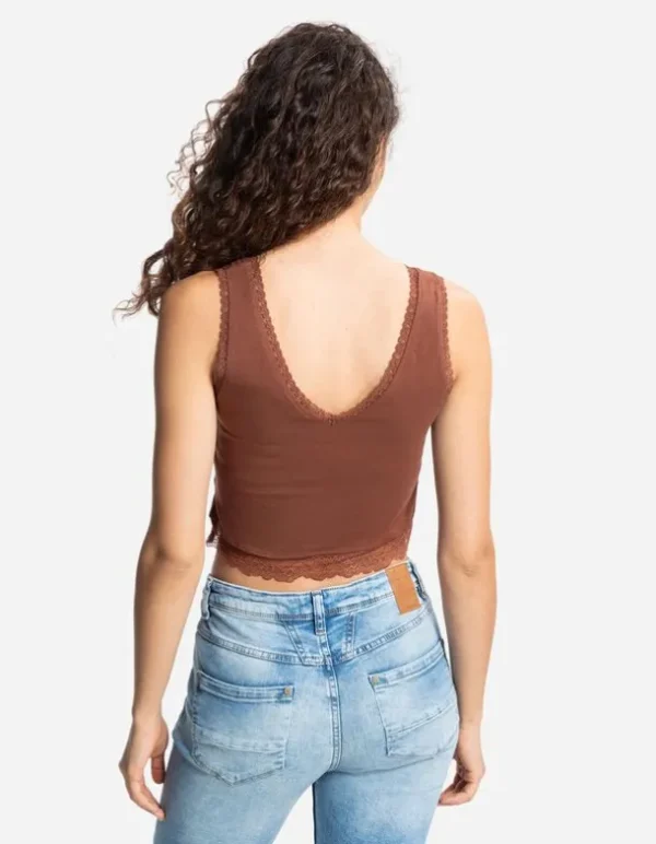 Cropped Top - Spitzenbesatz - hellbraun