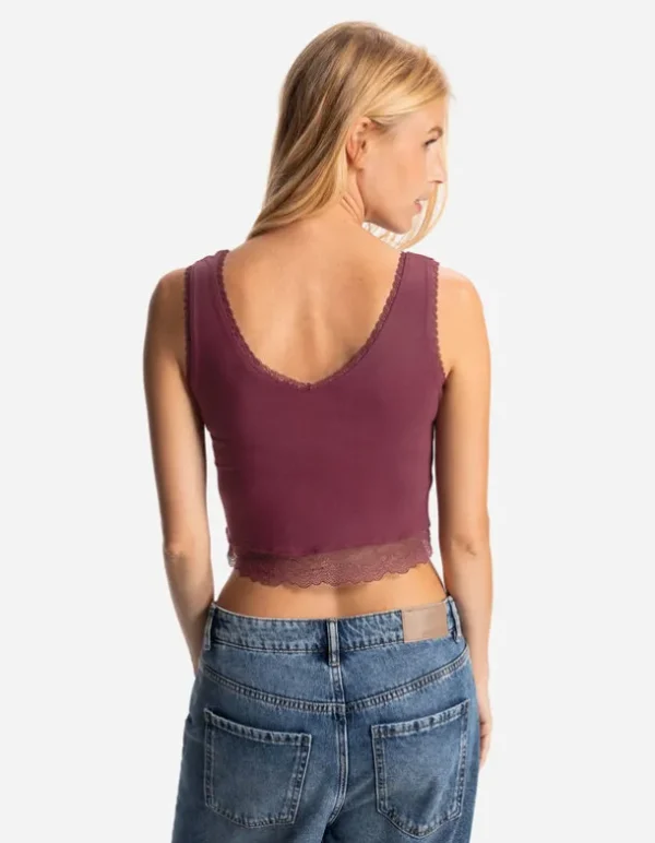 Cropped Top - Spitzenbesatz - dunkelrot