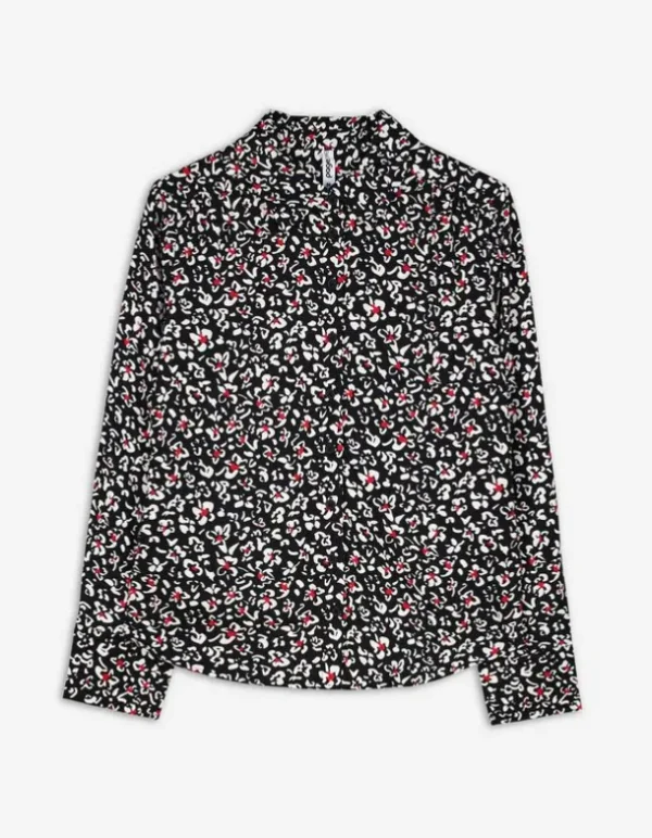 Hemdbluse - Florales Muster - schwarz
