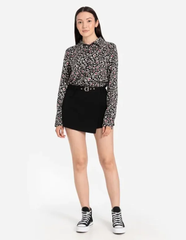 Hemdbluse - Florales Muster - schwarz