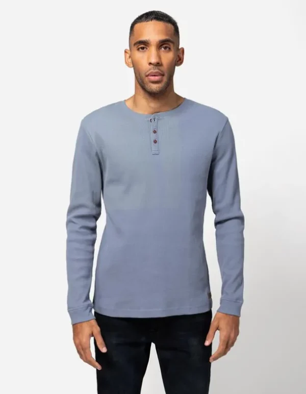 Langarmshirt - Henley-Ausschnitt - blau