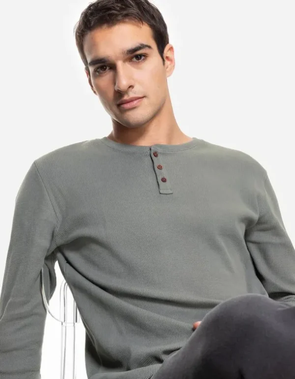 Langarmshirt - Henley-Ausschnitt - dunkelgrün