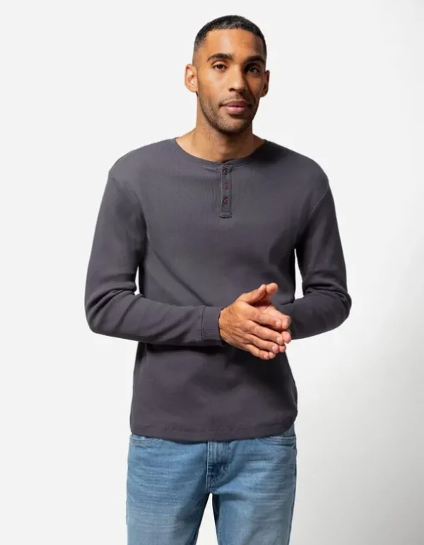 Langarmshirt - Henley-Ausschnitt - dunkelgrau