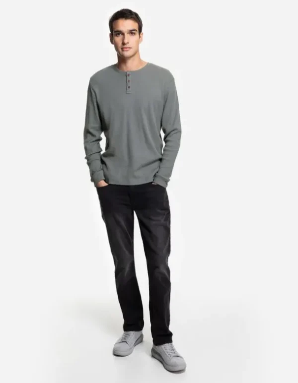 Langarmshirt - Henley-Ausschnitt - dunkelgrün