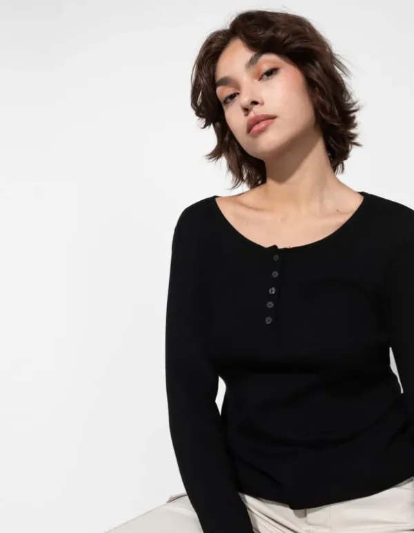 Langarmshirt - Knopfleiste - schwarz