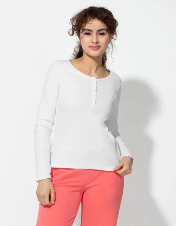 Langarmshirt - Knopfleiste - weiß