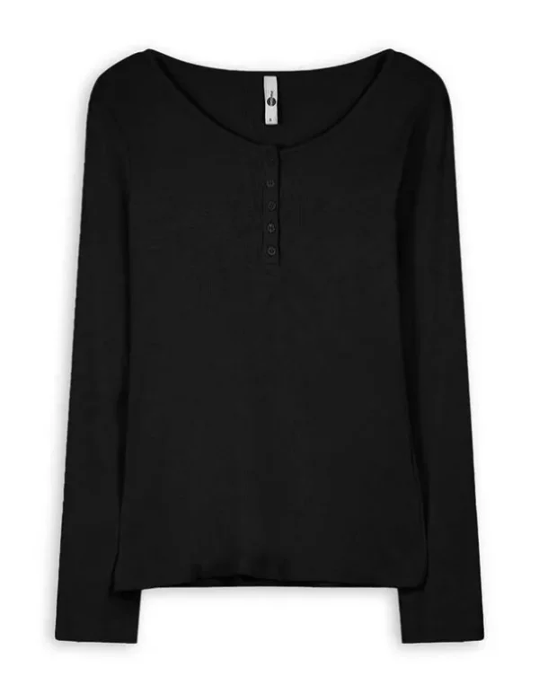 Langarmshirt - Knopfleiste - schwarz