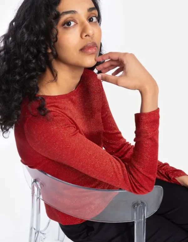 Langarmshirt - Lurex - rot