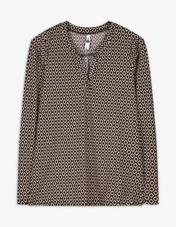 Langarmshirt - Serafino-Ausschnitt - beige