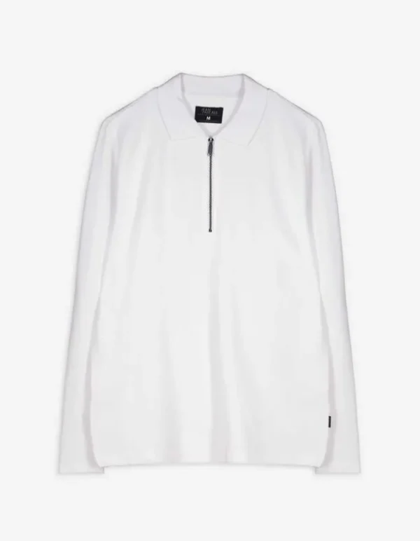 Pololangarmshirt - Reißverschluss - weiß