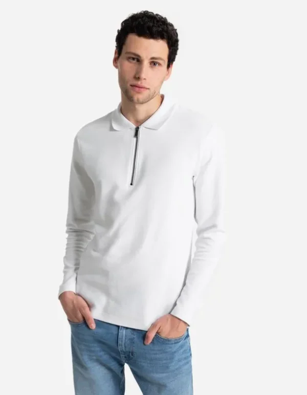 Pololangarmshirt - Reißverschluss - weiß