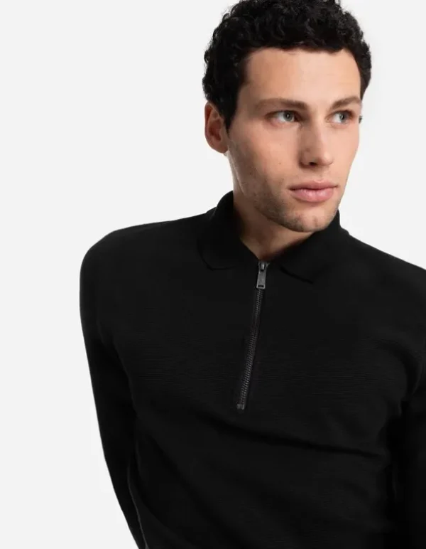Pololangarmshirt - Reißverschluss - schwarz