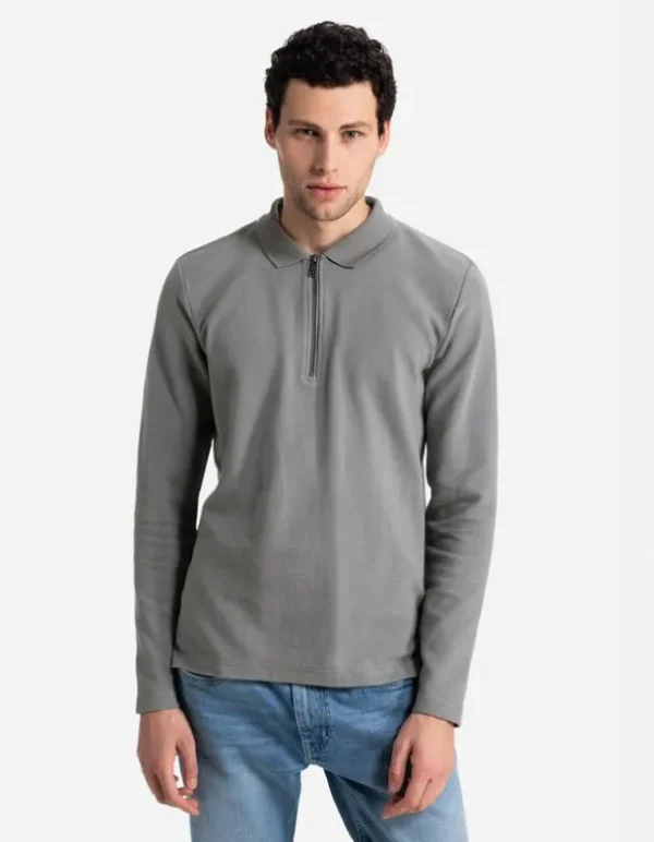 Pololangarmshirt - Reißverschluss - grün