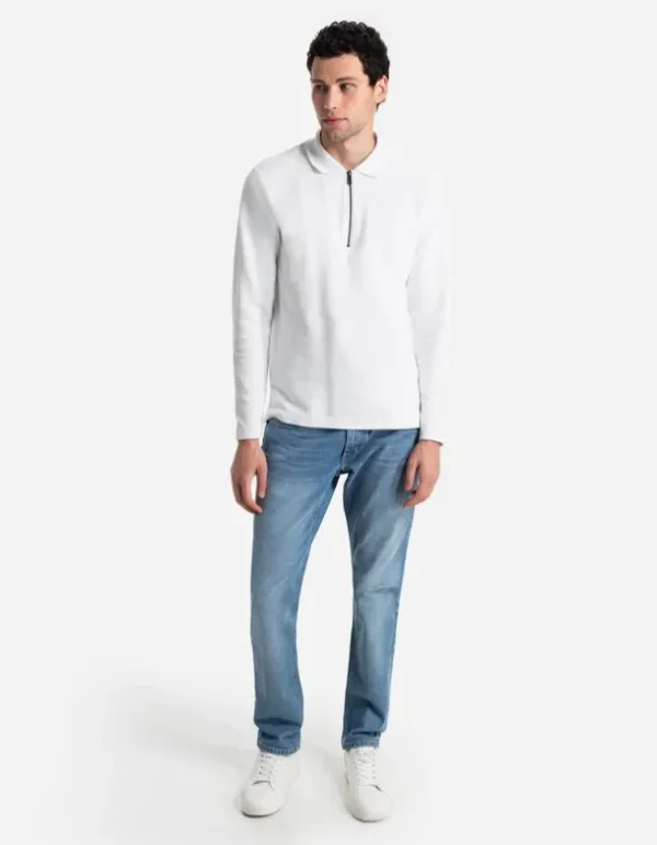 Pololangarmshirt - Reißverschluss - weiß