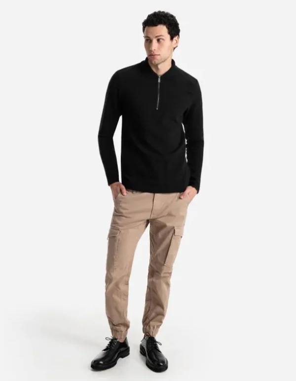 Pololangarmshirt - Reißverschluss - schwarz