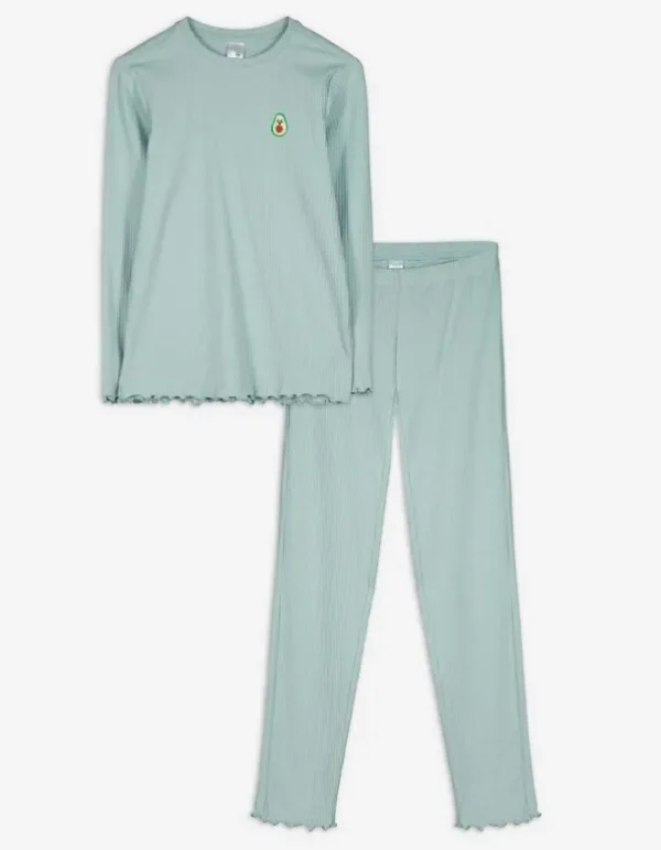 Pyjama Set aus Langarmshirt und Hose - Muschelsaum - grün