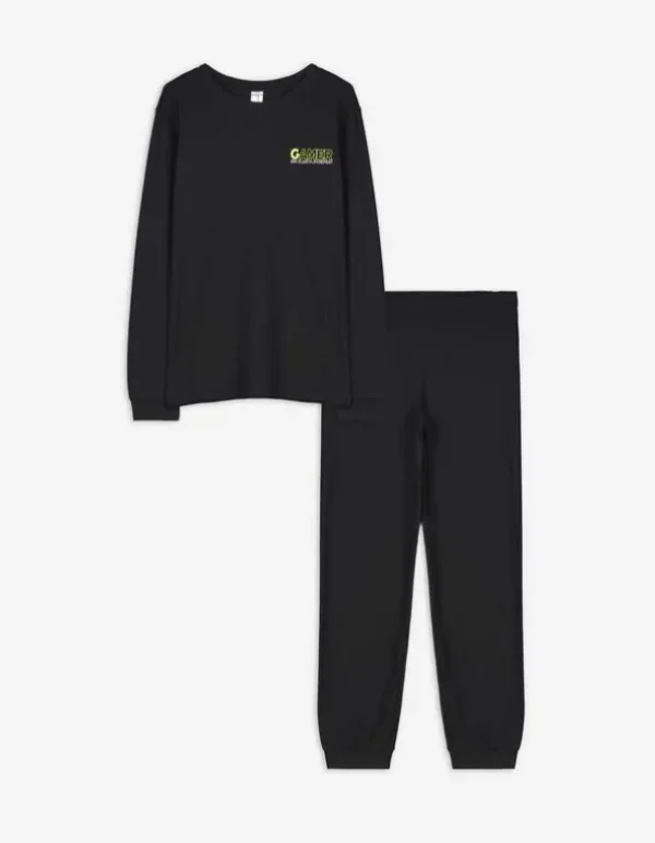 Pyjama Set aus Langarmshirt und Hose - Rückenprint - schwarz