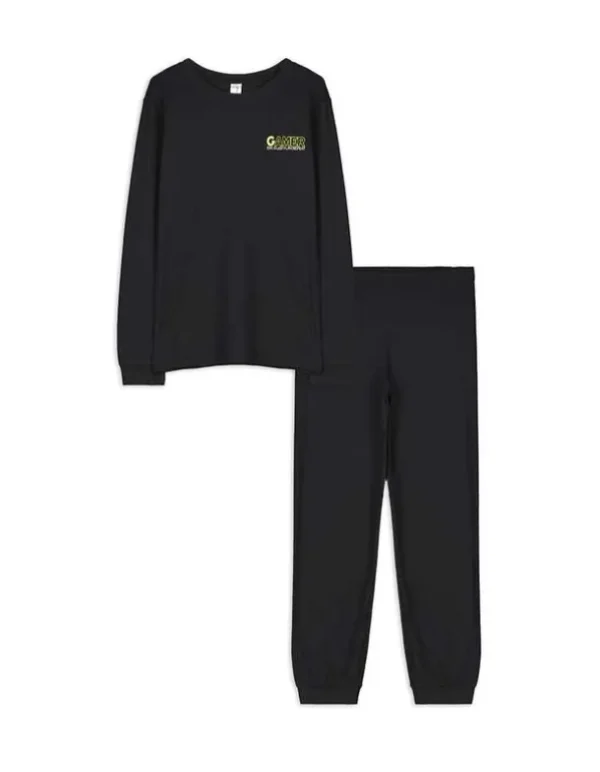 Pyjama Set aus Langarmshirt und Hose - Rückenprint - schwarz
