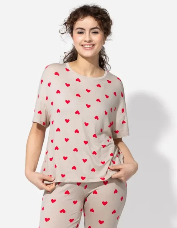 Pyjamaoberteil - Allover-Print - beige