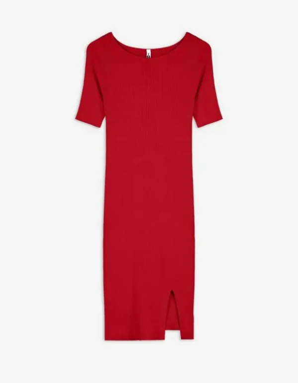 Strickkleid - U-Ausschnitt - dunkelrot