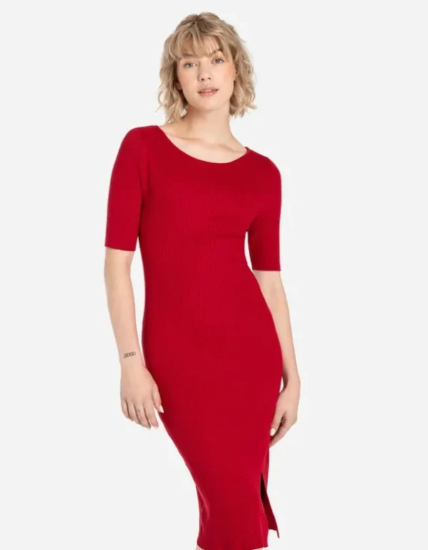 Strickkleid - U-Ausschnitt - dunkelrot