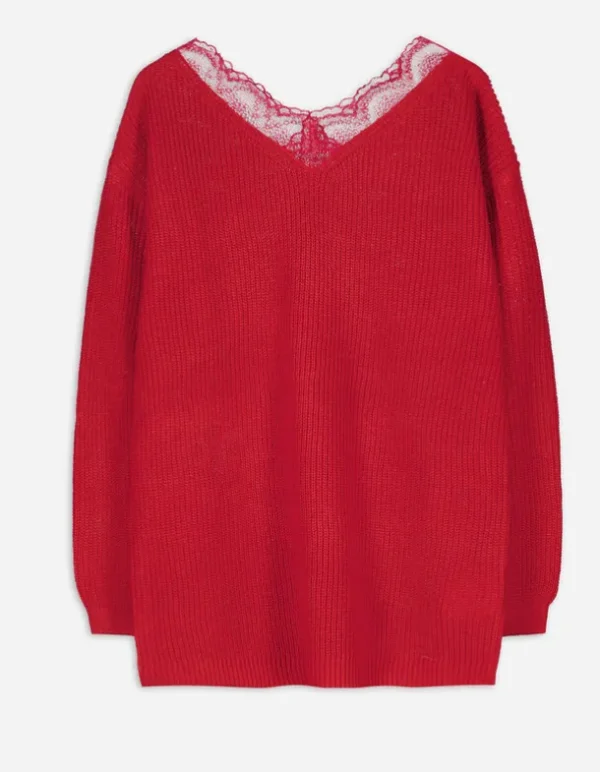 Strickpullover - Spitzenbesatz - rot