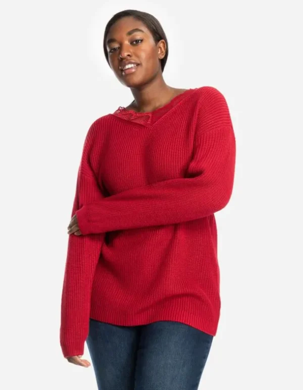 Strickpullover - Spitzenbesatz - rot