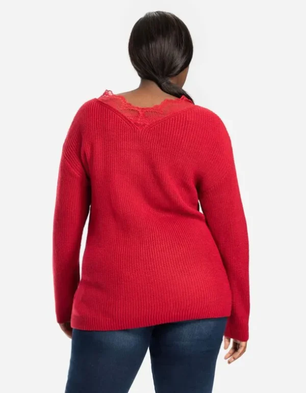 Strickpullover - Spitzenbesatz - rot