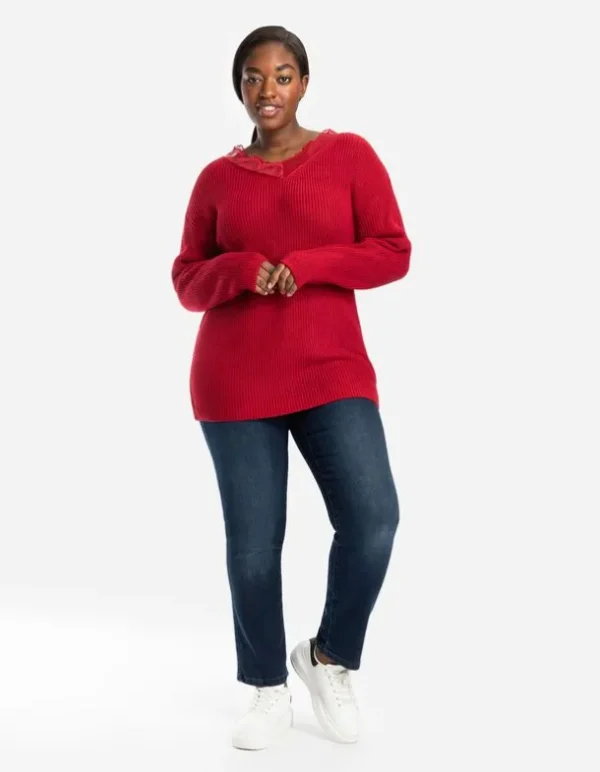 Strickpullover - Spitzenbesatz - rot