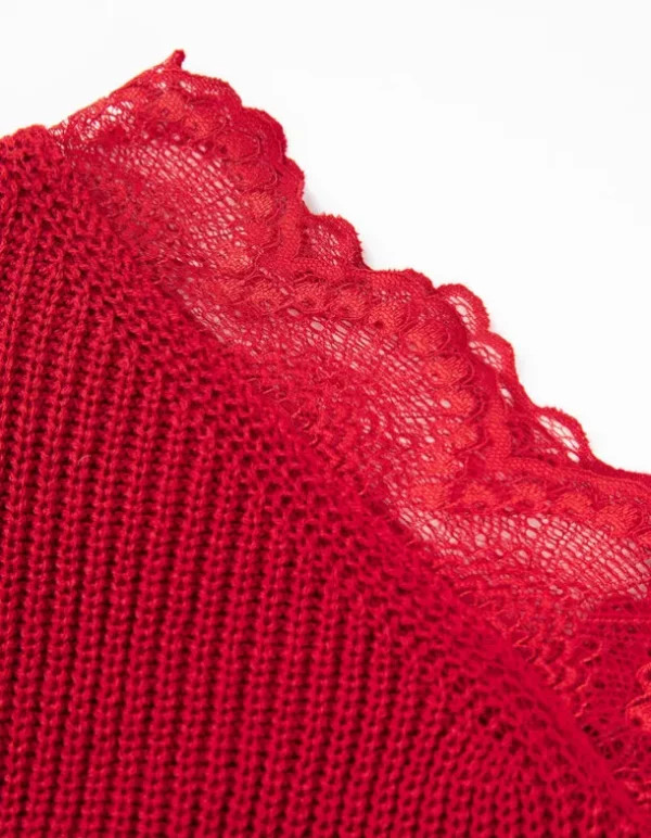 Strickpullover - Spitzenbesatz - rot