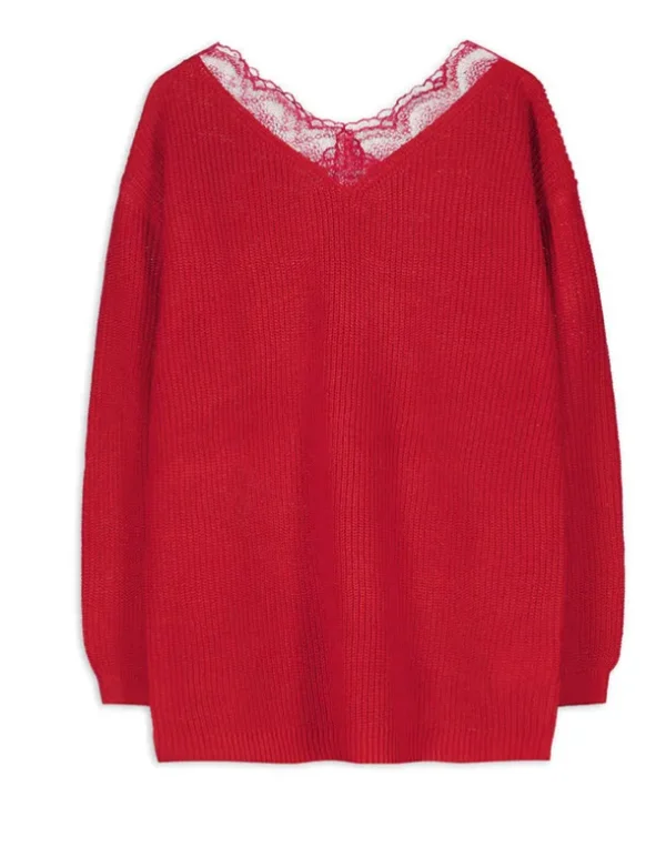 Strickpullover - Spitzenbesatz - rot