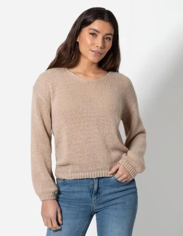 Strickpullover - V-Ausschnitt - beige