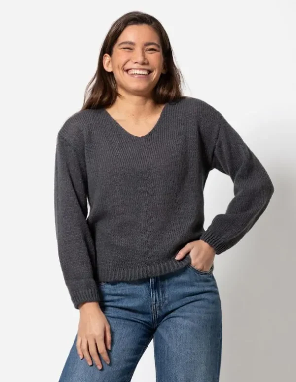 Strickpullover - V-Ausschnitt - grau