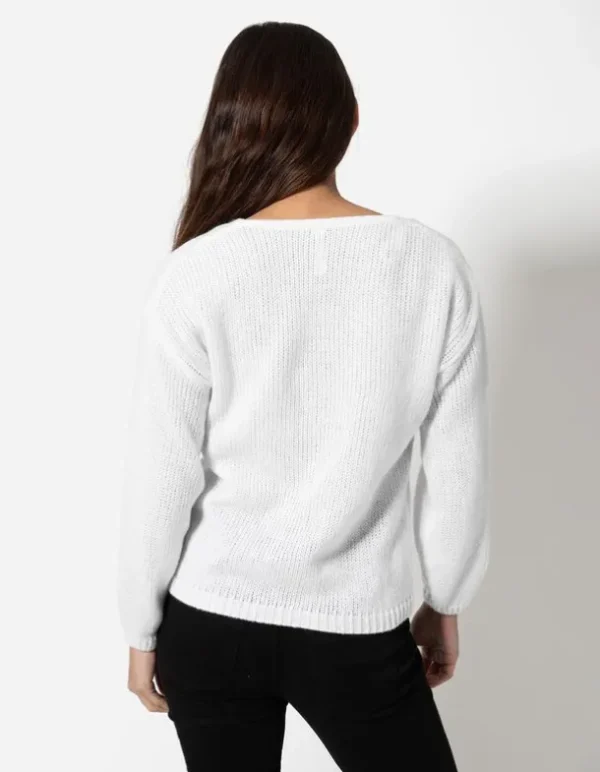 Strickpullover - V-Ausschnitt - weiß