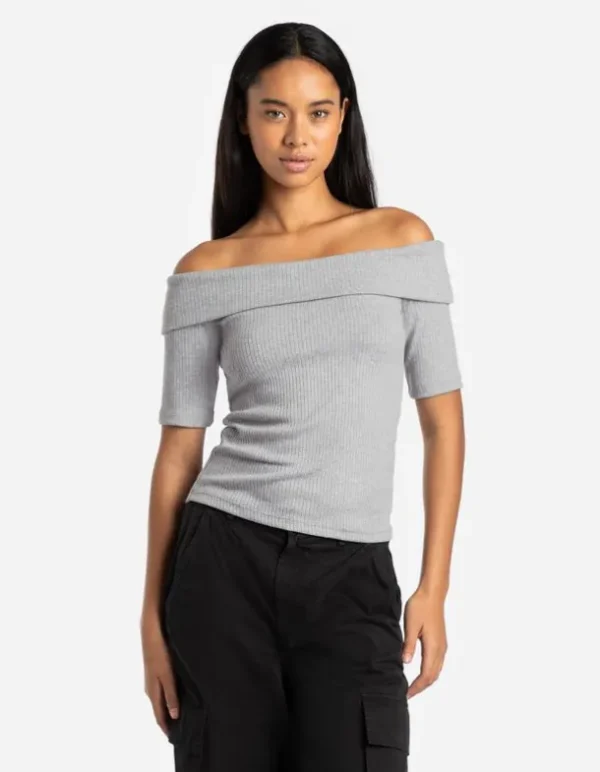 T-Shirt - Carmen-Ausschnitt - grau