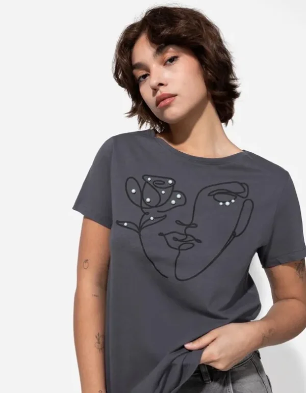 T-Shirt - Zierperlen - dunkelgrau