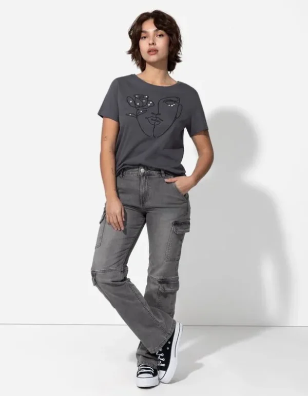T-Shirt - Zierperlen - dunkelgrau